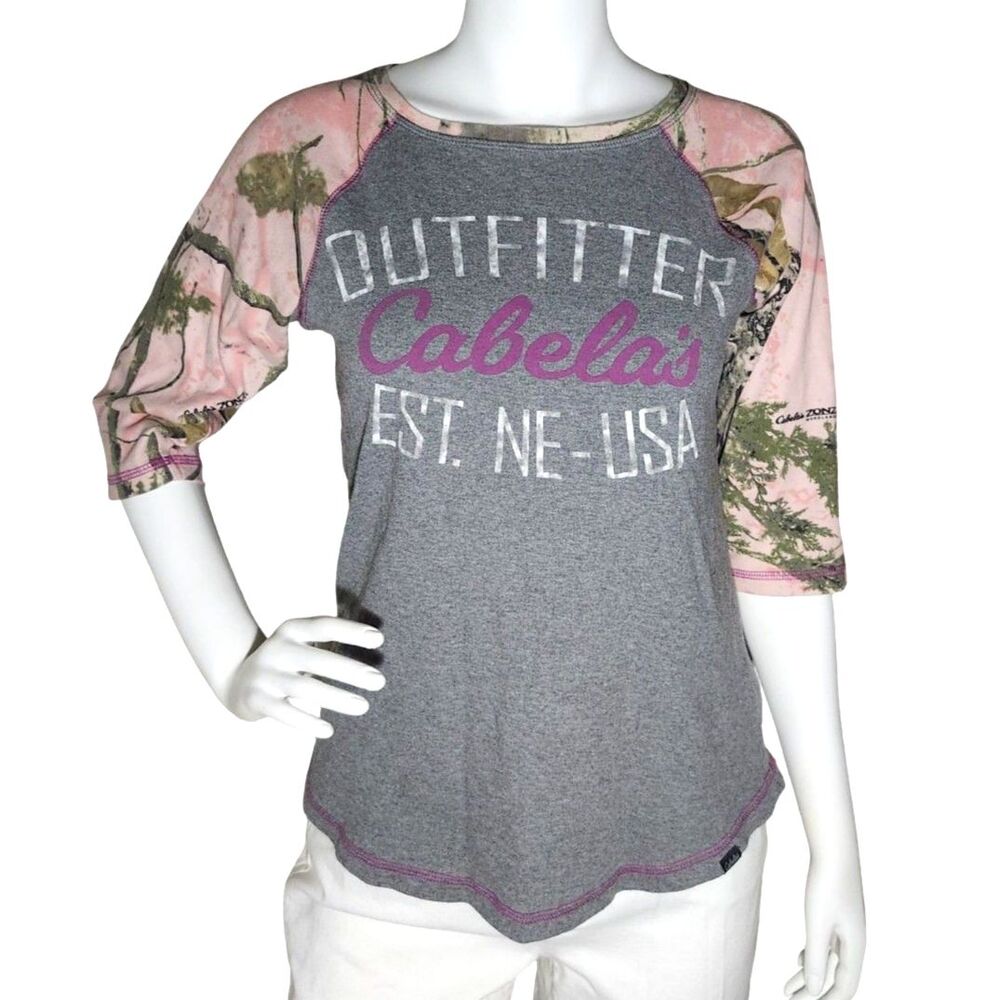 Cabela's Outfitter Women's 3/4 Sleeve Pink Camo Raglan Shirt